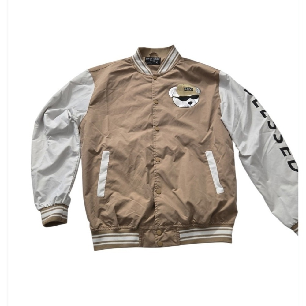 Seven Souls Mens Varsity Jacket XL Beige White Blessed Teddy Bear Bomber Snap...